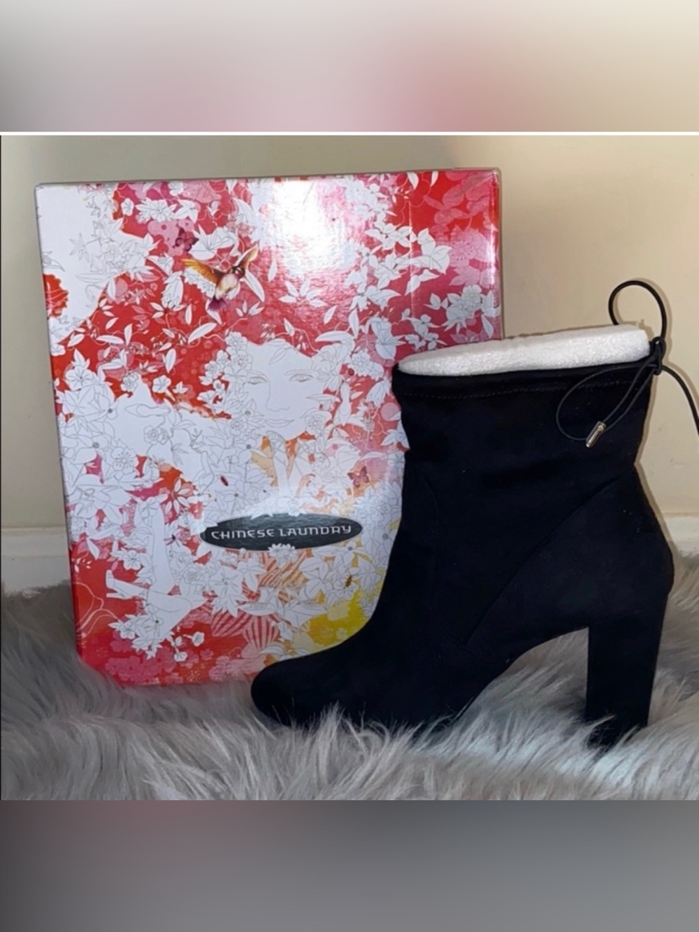 Chinese Laundry Black Ankle Boot with Tie Back and Block Heel